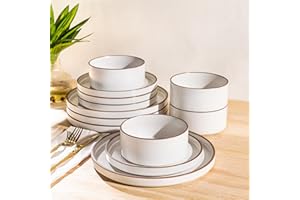 LeRatio Dinner Set for 4, 12 Piece Stoneware Plates and Bowls Set, Chip and Scratch Resistant Dinnerware Set, Oven & Dishwasher & Microwave Safe Crockery Set (Pearl White-Brown Rim, Service for 4)