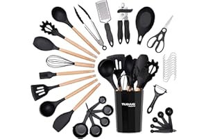 Kitchen Non Stick Cooking Utensils Set – Heat Resistant Silicone Utensils with Wooden Handle – Ladles, Spoons and Spatulas Set – Kitchen Tools & Accessories – 35pcs, Black – by Nuovva
