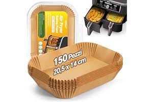 LaFleurs Carta Forno per Friggitrice ad Aria Doppio Cestello, 150 Pezzi 20,5x14cm Rettangolare Contenitori Fogli Air Fryer Accessori per Ninja AF300EU / AF400EU e Altri Doppio Zona AirfryerAir Fryer