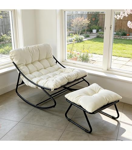 OVLRIJP Loungesessel Outdoor – Balkonsessel Mit Hocker, 5-fach Verstellbar, Abnehmbare Auflage, Grau, Bis 150 Kg
