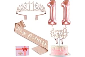 AMOSKING 11. Geburtstag Mädchen Deko, 11. Geburtstag Schärpe und Krone, Tortendeko Geburtstag und Kerzen, Roségold Luftballons 11, 11. Geschenk für Mädchen zum Geburtstag Party Deko Supplies