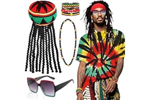 SAIER TBO 5 Pièces Set Accessoires de Déguisement Rasta, Kit Costume Reggae Jamaïcaine avec Dreadlocks Perruque Casquette T-shirt Tie-dye Lunettes Collier Bracelet Tressé pour Homme Femme Carnaval Cosplay Fête