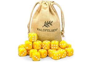 Waldfelsen® Lot de 6, 12, 20, 30 ou 50 dés de qualité supérieure - Taille standard de 16 mm - En acrylique - Avec sac en tissu - Jaune