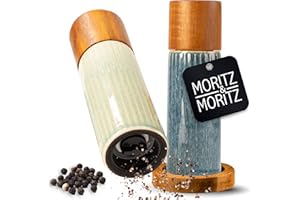 Moritz & Moritz Pepe Zestaw młynków do soli i pieprzu, zielone i niebieskie, ceramiczne regulowane młynki z drewnem akacjowym i kamionką, młynki do przypraw z systemem zatrzaskowym do szlifowania