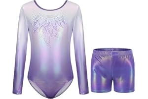AODOKAT Gymnastics Leotards for Girls with Shorts Set, Long Sleeve/Sleeveless Dance Leotard Sparkling Ballet Dancewear for Kids 5-14 Years