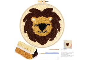 JSRQT Kit de Démarrage Punch Needle, Kits d'aiguilles à Poinçonner pour Débutants Enfants, Broderie D'Aiguille de Poinçon Kit avec Motif de Lion Mignon, DIY Punch Needle Broderie Kits avec Outils