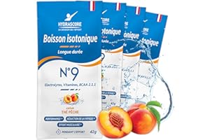 Hydrascore N°9 - Thé Pêche 4 Dosettes - Boisson Isotonique Energétique pour Sportifs - Running, Vélo, Triathlon - Poudre Énergisante & Hydratante - Électrolytes Hydratation & BCAA - H1040