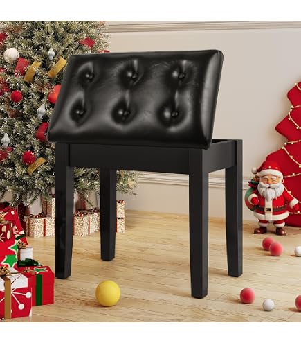 Banc Piano Multifonction CY000397 - Bois Massif, Rangement, Cuir PU Noir 56x34 Cm