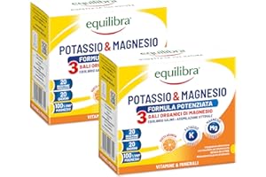 Equilibra Integratori Alimentari, Potassio e Magnesio 3 Formula Potenziata, Integratore Magnesio e Potassio per Reintegro Sali Minerali, Gusto Arancia, Senza Glutine e Senza Lattosio, 40 Bustine