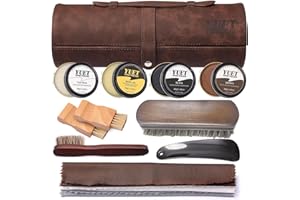 YUET Shoe Polish Kit Cleaning Shine Care Barrel Set For Brown Black Leather With Brush Travel Case Luxury Premium Soft Horsehair Bristle Dauber, Wooden Applicator, Shoehorn, Cloth 13 PCS Brown Pouch