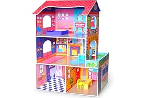 Kiddi Style Wooden Doll House - 3-Storey Supreme Tall Doll Townhouse - Large Doll Houses for Toddlers & Kids - Play Dolls House for Girls & Boys - Playhouse Playset with Furniture, 75 x 33 x 116cm