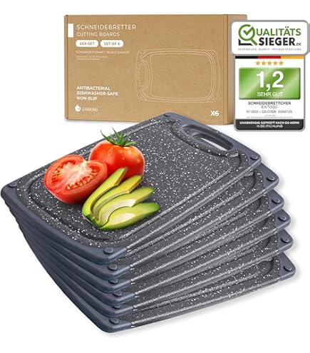 Snijplank, kunststof, veelkleurige keukensnijplank, 4 stuks Rock Appearance snijplank, ontbijtplankjes, 28 x 18 cm, geschikt voor brood, groenten en fruit, snijplankenset met standaard