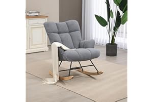 Aunekiv Schaukelstuhl, Stillsessel Schaukelsessel, Teddystoff Gepolsterter Schwingsessel Lesesessel Relaxstuhl Sessel mit Holzkufen, Armlehne, für Wohnzimmer, Schlafzimmer, Babyzimmer, Dunkelgrau