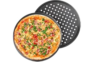 ORAGKE Pizzablech & Lochblech Ø 32 cm, Pizzablech Rund 2er Set Carbonstahl, Pizzaform Antihaftbeschichtet, Backblech Rund für Pizza & Flammkuchen, Pizza Blech Hitzebeständig bis 230°C, Schwarz