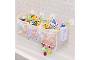 Dreamtop Bath Toy Storage Organizer, Bath Toy Storage with 2 Side Pockets 3 Compartment Horizontal Large Openings Bath Toy Tidy Kids Toy Storage Shower Toy Holder with 8 Strong Self Adhesive Hooks
