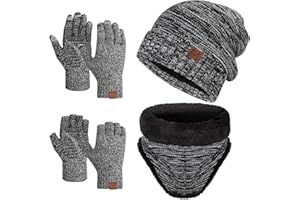 Maylisacc 3 Pcs Slouch Beanie Hiver Thermal Snood Écharpe et Gants Tactile Écran Hommes Femmes avec Épaisse Polaire Doublure