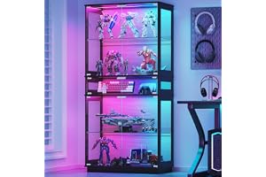 ZKIODV RGB Vitrinskåp med Glasdörrar, 5 Hyllplan Vitrinskåp med LED Belysning, Justerbara Glashyllor, 7 Dynamiska och 7 Fasta