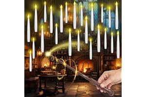 Aptliton 24pcs Floating Candles with Wand Remote, Flickering Warm Light with 6H Timer, Battery Flameless Hanging LED Taper Magic Candles for Christmas Halloween Home Party Decorations