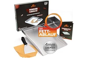 grillart® Plancha Premium con espátula para barbacoa de acero inoxidable macizo de 4 mm, tamaño universal de 30 x 40 cm, también apta para inducción, apta para lavavajillas e inoxidable