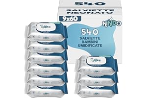 Kikido Salviette Neonato - 540 Salviettine Umidificate Bambini - Offerta 9 Confezioni da 60 Salviettine Delicate per Pelli Sensibili - Umide, Detergenti e Igienizzanti
