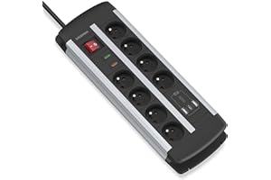 UCOMEN Type E (FR) Multiprise avec Protection Contre Les surtensions (3680W 16A) Spécialement conçue pour Les Tables d'ordinateur,8 Compartiments avec Chargeur Rapide USB A et USB C 20W,câble de 1,5m