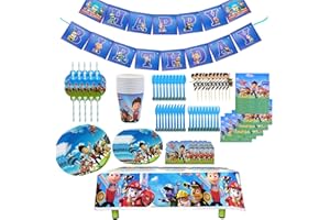 XINGGANG 112 Pezzi Set Stoviglie per Feste Kit Festa Compleanno con Paw Patrol Includere Piatti e Bicchieri Tovaglioli Cannucce Tovaglie Striscioni per Decorazioni Festa Compleanno per 10 Bambini