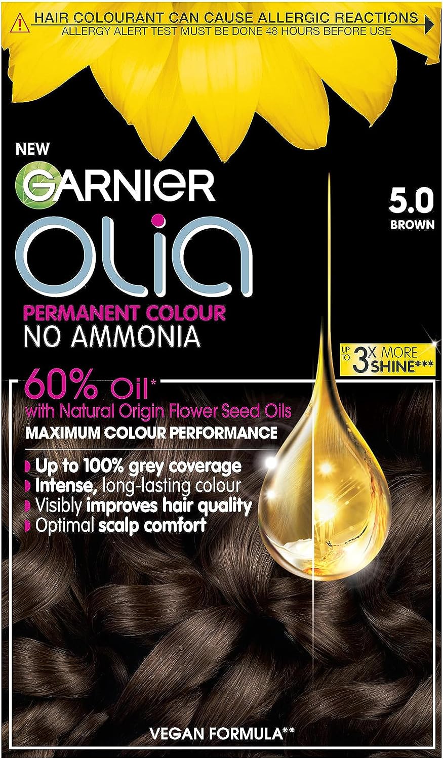 Garnier Olia 5.0 Brown, oil-powered, no-ammonia. 100% grey coverage. Luminous, long-lasting, vibrant brown hair color with exceptional shine and a healthy, nourished feel.