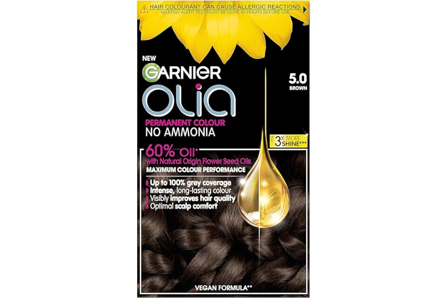 Garnier Olia 5.0 Brown, oil-powered, no-ammonia. 100% grey coverage. Luminous, long-lasting, vibrant brown hair color with exceptional shine and a healthy, nourished feel.