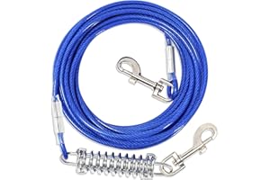 FENGCO Laisse bleue améliorée pour chien avec ressort, crochets pivotants à 360°, câble en fil d'acier pour jardin, 15 m