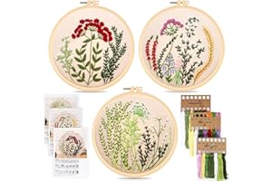 3er Anfänger Stickerei Set, Vegena Stickerei Kreuzstich Set Stickrahmen Set Embroidery Starter Kit Runde Einstellbare Stickerei Tool Kit Embroidery Kit mit 3 Stück Blumenmuster Pflanzen Kreuzstich-Kit