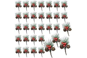WideSmart 32 Stück Kleine künstliche Tannenzweige, Weihnachtsbeeren Tannenzweige Künstliche Kiefernzweige Beerenzweige Tannenzapfen für Weihnachtsblumen Kränze Urlaubsdekorationen DIY Handwerk