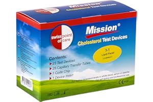 ‎SWISS POINT OF CARE Swiss Point Of Care Mission 3 in 1 Teststreifen und weiteres Messzubehör | 25 Cholesterin Teststreifen, inkl. 25 Transferschläuche, 1 Codechip, 1 Geräteeinsatz