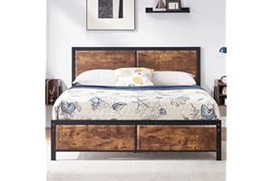 VECELO Platform Bed Frame Double with Rustic Vintage Wood Headboard, Mattress Foundation, Strong Metal Slats Support, No Box Spring Needed