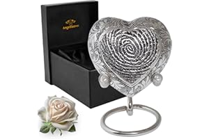 ANGELFOREVER Kleine Herzurne für menschliche Asche – Silberherz-Urne für Frauen | Mini-Urne mit Box und Ständer für Erwachsene | Begräbnisurne für Erwachsene | Ehren Sie Ihre Liebsten mit