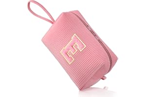 FUZVOL Makeup Bag for Women A-Z Personalized Make Up Bags Corduroy Makeup Pouch Small Cosmetic Bag Travel Toiletry Organizer Birthday Gifts for Women Mom Best Friend Bride Bridesmaid, Pink Letter E