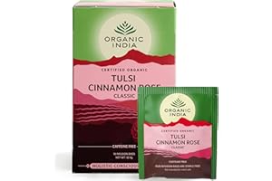 Organic India Tulsi Cinnamon Rose Tea, Caffeine-Free Herbal Infusion, Certified Organic Holy Basil, Rose & Ceylon Cinnamon, 18 Tea Bags