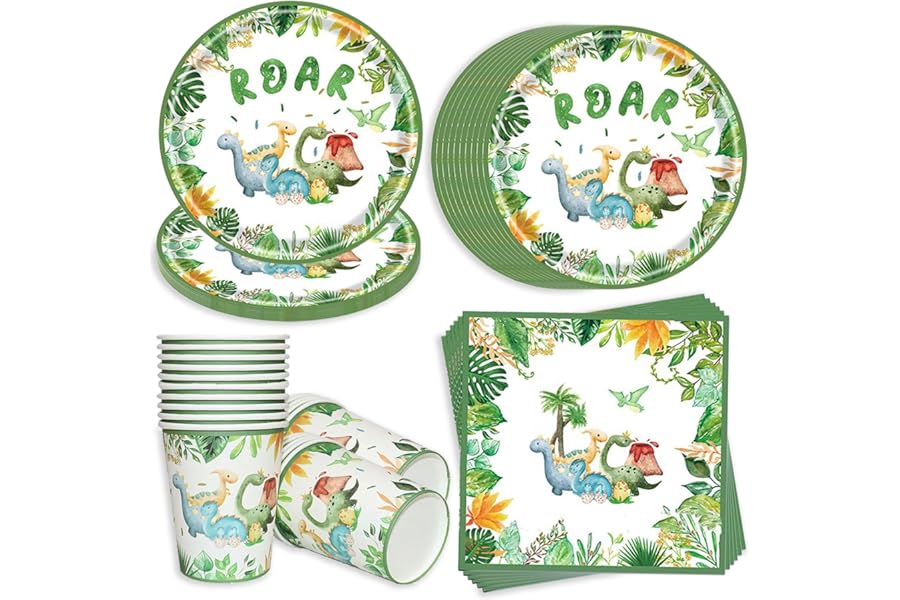 Bikasun Dinosaur birthday tableware set, 20 guests dinosaur party Paper plates children's birthday party, paper plates cups napkins for children's birthday party birthday decoration boy girl