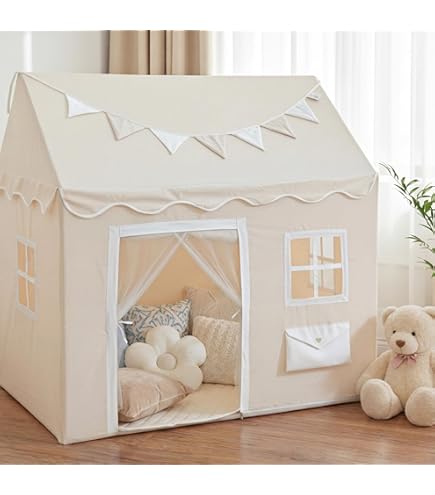 GOPLUS Speelhuisje voor kinderen, speeltent groot met gordijnen, ramen