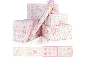 CLEANEATY Mother's Day Wrapping Paper, 6 Sheets Folded Happy Pink Floral Wrapping Paper with Greeting Card and Sticker Floral Tulip Gift Wrap Paper for Mother's Day, Thanksgiving, Anniversary - 20 x 28 Inch