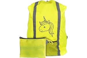 EAZY CASE Zaino scuola parapioggia, custodia protettiva con strisce riflettenti, copertura antipioggia impermeabile con riflettore e tasca, maggiore sicurezza nel traffico stradale, unicorno, giallo