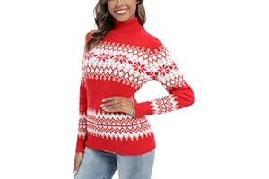 Yukiuiny Damski sweter bożonarodzeniowy z golfem, przytulny, drobno dziergany, norweski sweter z prążkowanymi ściągaczami, świąteczny sweter bożonarodzeniowy, czerwony, M