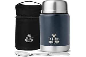 PRIME HORIZON SUPREME QUALITY Prime Horizon Food Flask - 500ml Stainless Steel Vacuum Double Wall Jar with Folding Spoon, Leakproof and BPA Free. Free Insulated Travel Bag with Carabiner and Gift Box (Blue)