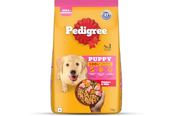 Pedigree Puppy Dry Dog Food, Chicken & Milk, 3 kg, Contains 37 Essential Nutrients, 100% Complete & Balanced Food for Puppies