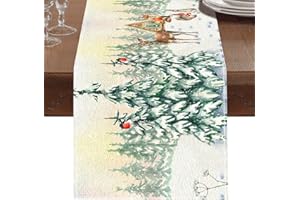 FRIGG Chemin De Table Noel 230 x 33cm, Decoration Table Noel, Chemin De Table Noel Blanc avec Des Motif Enneigés d'Arbres De Noël, Élan, Lapin et Renard, pour Deco De Table Noel, De Salle à Manger,De Maison