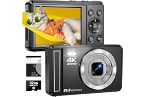 ZMOQNG 4K 64MP Digitalkamera mit 32 GB TF-Karte, Autofokus Fotoapparat mit 16X Digitalzoom Tragbar Kompaktkamera mit 1200mAh Batterie, USB-Kabel, für Kinder Teenager Erwachsene Anfänger