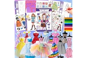 VAMEI Studio Mode Fashion Design Kit Jouet Cadeau Fille 7 8 9 10 11 12 ans, Kit Couture Loisirs Créatifs avec Livres d'autocollants, Tissus, Mannequins & Crayons, Jeux Creatif Activité Manuelle Enfant Fille