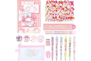 AINVLIYA Mel-dy Ensemble de papeterie Kawaii avec stylos, autocollants, trousse à crayons, badge pour carnet de notes, cadeau pour la rentrée scolaire, enfants, étudiants, fournitures de bureau (rose 1)