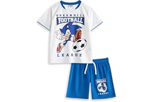 Sonic The Hedgehog le kit de la Ligue de football de Greenhill Boys | Haut blanc et short bleu | Ensemble de football à manches courtes | Vêtements de sport graphiques Sonic | Produits soniques