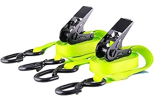 SANDAX Set di 2 cinghie di ancoraggio professionali 4m I larghe 25mm I in due parti I rivestita in PU cricchetto nero I gancio a S con dispositivo di sicurezza fino a 800kg I DIN EN 12195-2 I neon-giallo