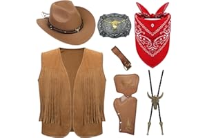 SAIER TBO 7Pcs Cowboy Fancy Dress Accessory Set for Men Western Cowboy Costume with Hat Tasseled Vest Paisley Bandanna Western Bolo Buckle Belts Holsters for Halloween Cosplay(M-XL)